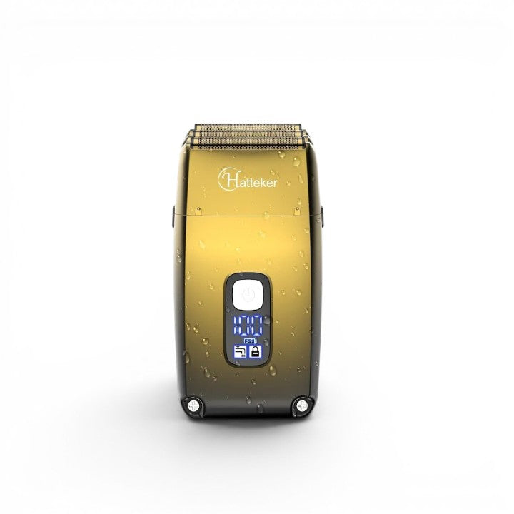 Aparat de Ras Shaver & Trimmer Profesional Hatteker | 3 Lame, Display LED, 7500 RPM cu finisaj auriu-degrade si picaturi de apa, avand ecranul digital pornit ce indica valoarea 100.